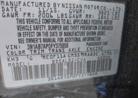 2015 Nissan Sentra Sv z USA, uszkodzony, nr VIN 3N1AB7AP0FY375858